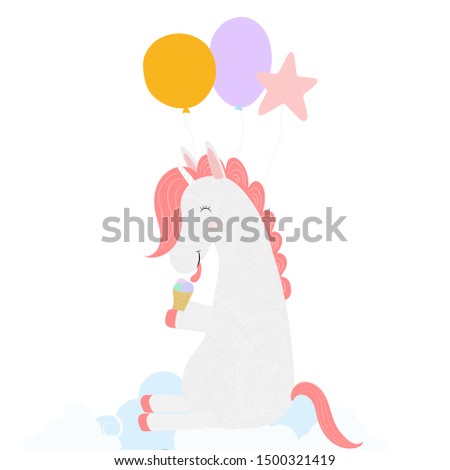 Cute Unicorn with balloons eating ice cream cone sitting on cloud isolated on white background. Happy birthday greeting card, baby shower print Cartoon vector scandinavian illustration clip art, icon
