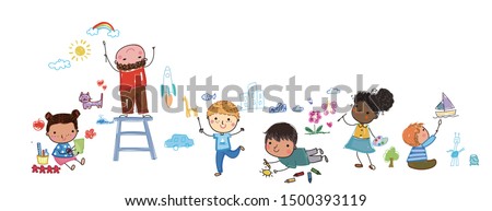 Group of happy children drawing Royalty-Free Stock Photo #1500393119