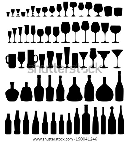 Glass and bottle vector silhouette collection. Set of different drinks and bottles isolated on white  background. Royalty-Free Stock Photo #150041246