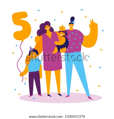 Homosexual female lgbt family.Two moms with son and daughter celebrate birthday.Gay couple with children. Two women with boy and girl.Non-traditional family.Son celebrating his fifth birthday.Vector