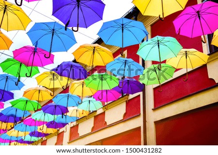 Umbrellas in the air . bright small streets of the city . Overcast weather . Rainy weather