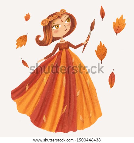 Autumn fairy girl with brush coloring leaves. Hand drawn illustration.