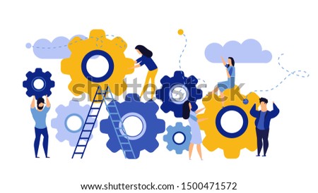 Man and woman business organization with circle gear vector concept illustration mechanism teamwork. Skill job cooperation coworker person. Group company process development structure workforce banner Royalty-Free Stock Photo #1500471572