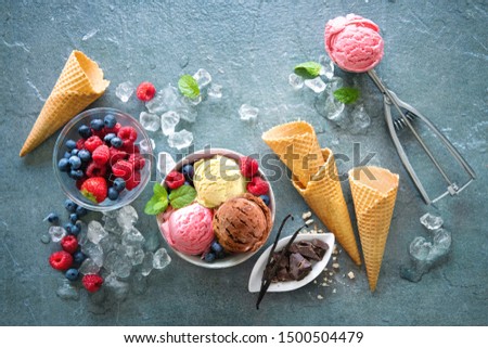 Various varieties of ice cream in bowl with mint, berries, ice and scoop on grey stone background