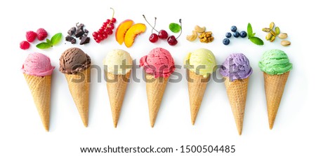Various varieties of ice cream in cones with mint, blueberry, strawberry, pistachio, cherry and chocolate isolated on white background