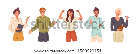 Confident people flat vector illustrations set. Presentation woman, college student and successful businesswoman. Girl celebrating victory, flirting man. Office workers, young team cartoon characters. Royalty-Free Stock Photo #1500520151
