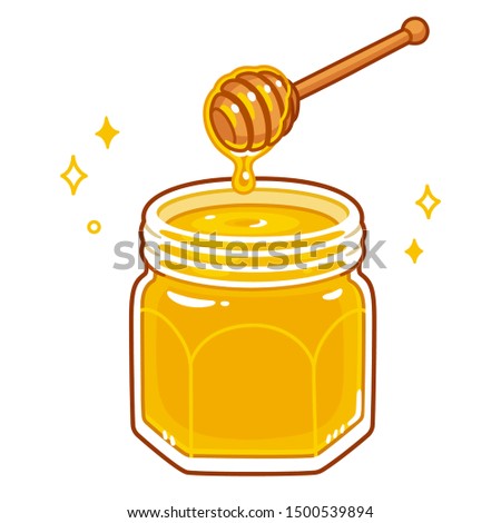 Hand drawn cartoon style jar of honey with dipper. Wooden spoon with dripping liquid honey. Isolated vector clip art illustration.