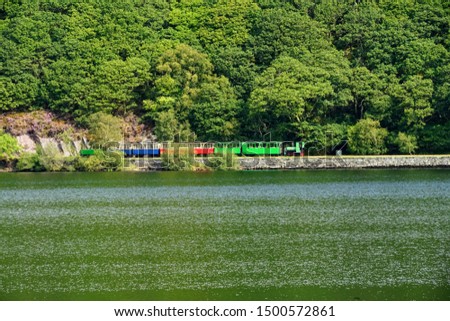 Brightly Colored Train Running Along Rails near a Forest Lake
