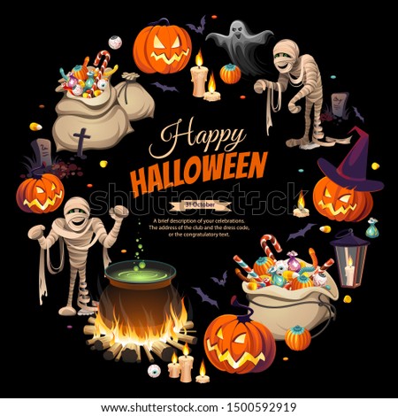 Banner with text and illustration. Pumpkins, mummy and bags of colorful Halloween sweets for children: candy, chocolate, jelly isolated on black background.
