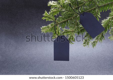Price and sale tags on the fir tree against black background.Empty space for text
