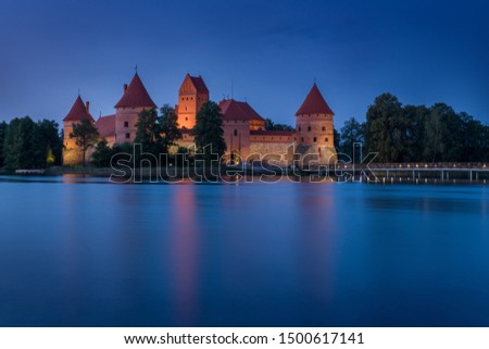 Trakai castle: medieval gothic Island castle, located in Galve lake. Flat lay of the most beautiful Lithuanian landmark. Trakai Island Castle - one of the most popular tourist destination in Lithuania