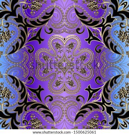 3d Paisley vector seamless pattern. Blue violet ornamental floral silk background. Vintage gold lacy paisley flowers. Damask ornament in baroque renaissance style. Beautiful elegance textured design.