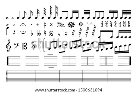 Set of music notes. Music signs, keys and note staves  isolated on white background. Royalty-Free Stock Photo #1500631094