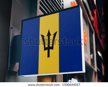 Flag of Barbados on Shop Sign. Flag of Barbados on Advertisement Board