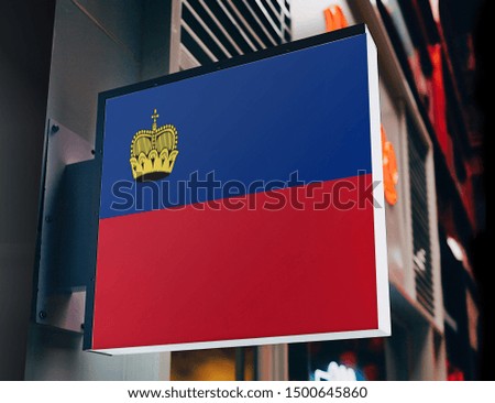 Flag of Liechtenstein on Shop Sign. Flag of Liechtenstein on Advertisement Board