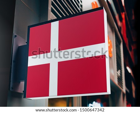 Flag of Denmark on Shop Sign. Flag of Denmark on Advertisement Board