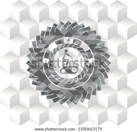 stationary bike icon inside grey emblem with geometric cube white background