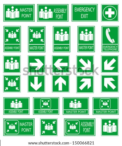 Green safety sign. Vector emergency exit signs set on green background