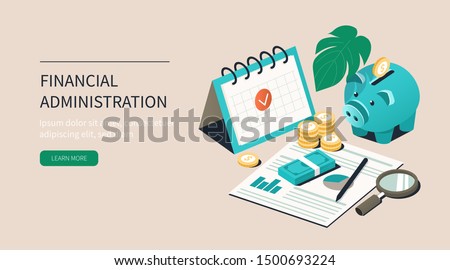 
Office Desk with Piggy Bank, Money and Business Documents. Auditors Workplace. Calculating Payment, Salary or Taxes. Financial Administration Concept. Flat Isometric Vector Illustration. Royalty-Free Stock Photo #1500693224