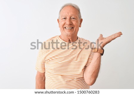 Senior grey-haired man wearing striped t-shirt standing over isolated white background smiling cheerful presenting and pointing with palm of hand looking at the camera.