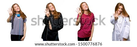 Set of doctor, student, and chef woman happy and counting four with fingers