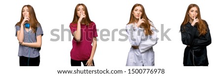 Set of doctor, student, and chef woman showing a sign of silence gesture putting finger in mouth