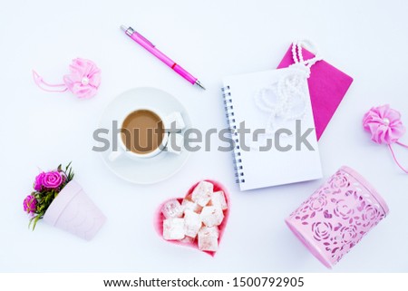 Flat lay girly, pale pink items for planning, notepads, pens, office work or working at home on her laptop, on the pale white background, with place for labels. Concept Desk.