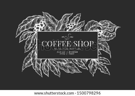 Coffee vector design template. Vintage coffee background. Hand drawn engraved style illustration on chalk board.