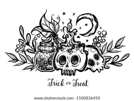 Vector illustration, Halloween, jar with insects, candle, skulls, mystic, witchcraft. handmade, prints