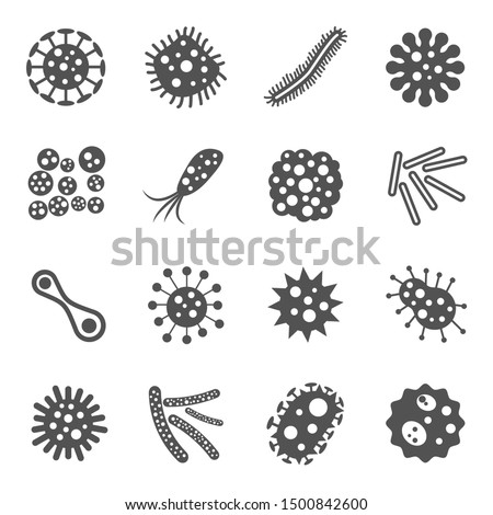 Flat microbes and germs icons set with different viruses and bacteria. Isolated vector illustration Royalty-Free Stock Photo #1500842600