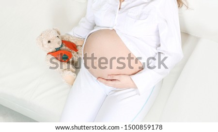 closeup.beautiful pregnant woman with a soft toy lying on the couch.