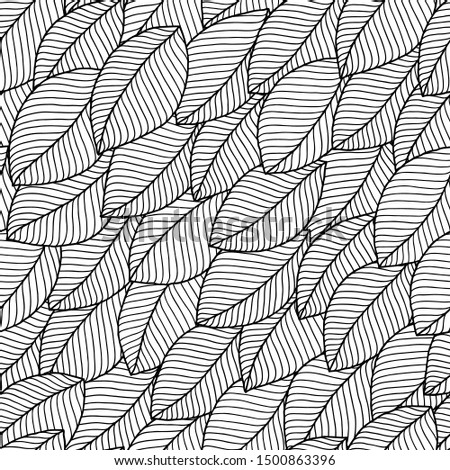 Vector seamless pattern of leaves . black and white graphics Linear. Hand drawing.Good for textile printing and adult coloring books.
