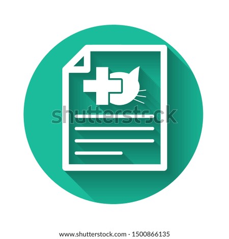 White Medical certificate for travel with dog or cat icon isolated with long shadow. Document for pet. Green circle button