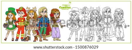 Children in carnival costumes of the Leprechaun, handsome prince, deer, oriental dancer, fireman color and outlined for coloring page