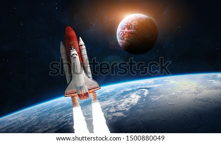 Space shuttle, Earth and planet in the space. Colonization mission. Space wallpaper. Elements of this image furnished by NASA
