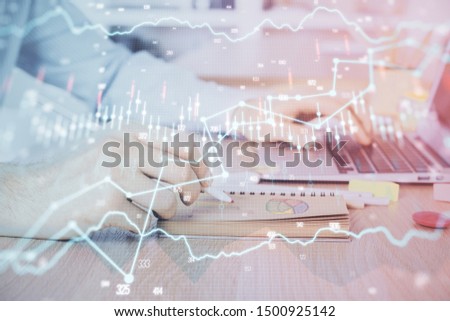Multi exposure of financial graph with man works in office on background. Concept of analysis.