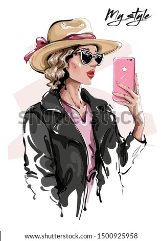 Hand drawn beautiful young woman in sunglasses. Stylish girl in hat. Fashion woman making selfie. Sketch. Vector illustration.
