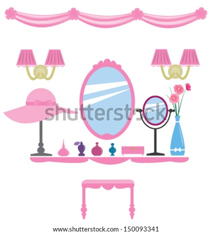 Set of pink dressing room elements, for wall decals, princess style