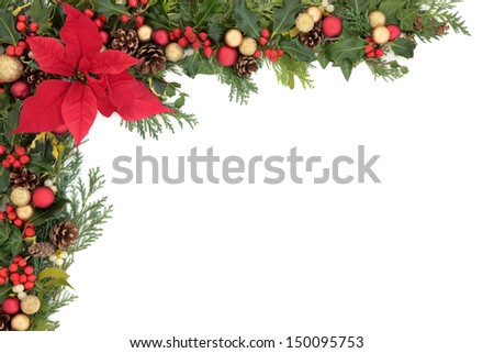 Christmas and winter floral border with poinsettia flower, decorations, natural holly, mistletoe and ivy,  over white background.