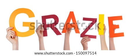 Many Persons Holding the Colorful Italian Word Grazie Which Means Thanks, Isolated