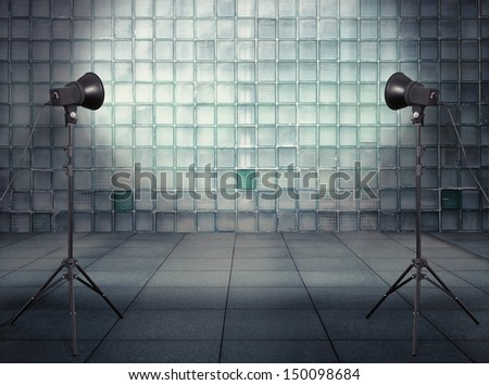 photo studio in old empty modern interior with glass wall