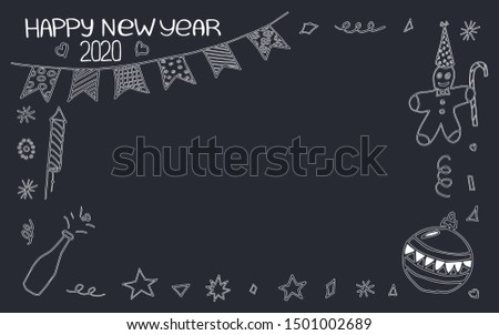 Set of happy new year 2020 festive elements on black backdrop. It can be used to design greetings, invitations, posters, flyers, backgrounds.Vector drawing of new year's attributes. Hand littering