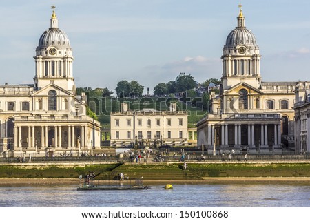 View of Old Royal Naval College (UNESCO World Heritage Site) at sunset, Greenwich, London, UK