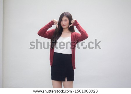 Portrait of thai adult working women size xl white shirt dislike
