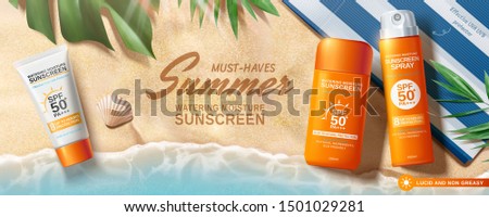 Summer sunscreen spray and cream banner ads on beach background in 3d illustration, flat lay Royalty-Free Stock Photo #1501029281