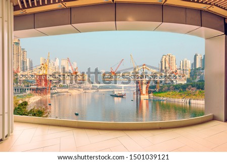 Empty indoor floor and window scenery of the Jialing River Chongqing section
