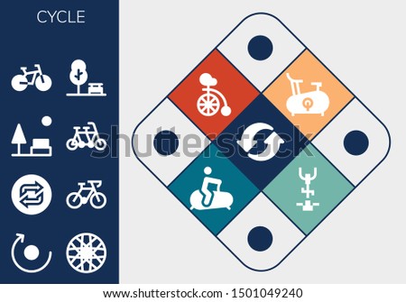 cycle icon set. 13 filled cycle icons.  Simple modern icons about  - Recycle, Rotate, Spoke wheel, Loop, Bicycle, Park, Tandem, Bike, Unicycle, Stationary bike