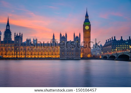Big Ben and Houses of parliament at dusk, London, UK Royalty-Free Stock Photo #150106457