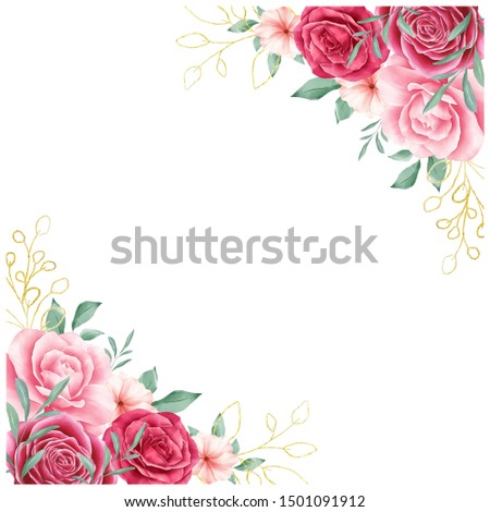 Watercolor flowers border decoration for wedding or greeting card composition. Floral illustration of red roses, peonies, leaf, branches. Wedding invitation flower background