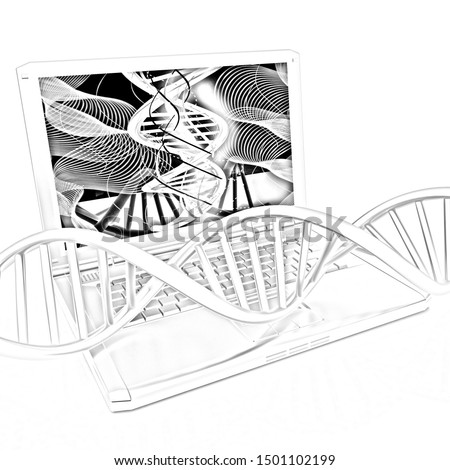 Laptop with dna medical model background on laptop screen. 3d illustration. Pencil drawing.